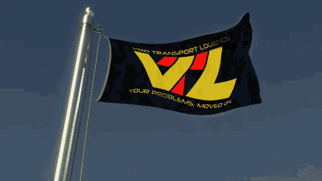 a black and yellow void transport logistics flag flies in the wind