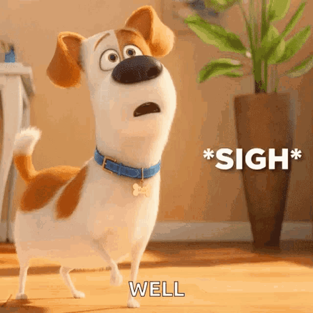 a cartoon dog with a blue collar is standing in a room and says well