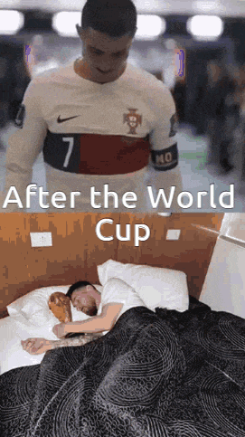 a picture of a soccer player and a picture of a man sleeping in a bed