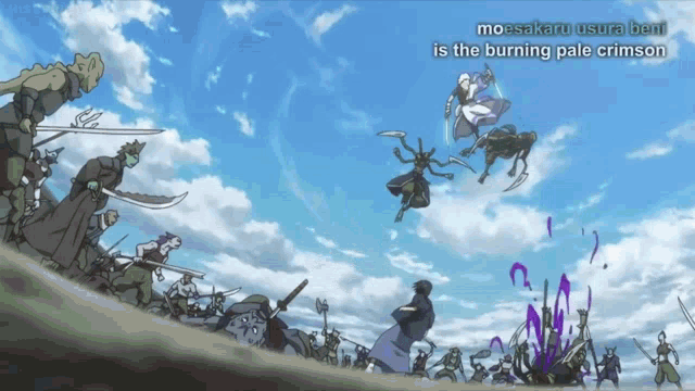 a cartoon of a battle scene with the words moesakaru usura beni is the burning pale crimson