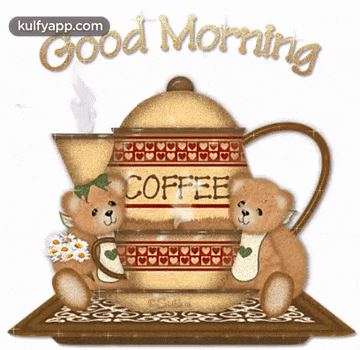 two teddy bears sit next to a coffee pot that says coffee on it