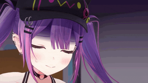 a girl with purple hair is wearing a hat that says ' i love you ' on it