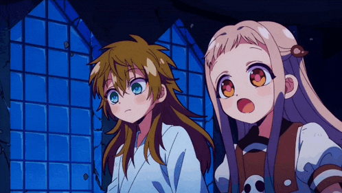 two anime girls are standing next to each other in a room
