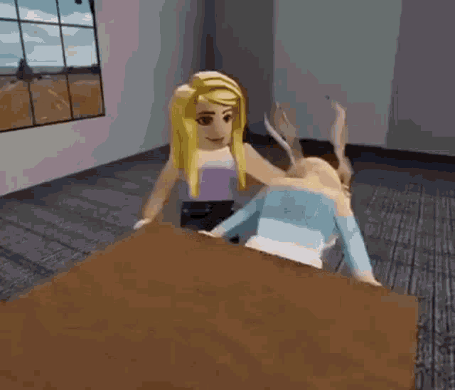 a girl is sitting on top of a man 's head in a room in a video game .