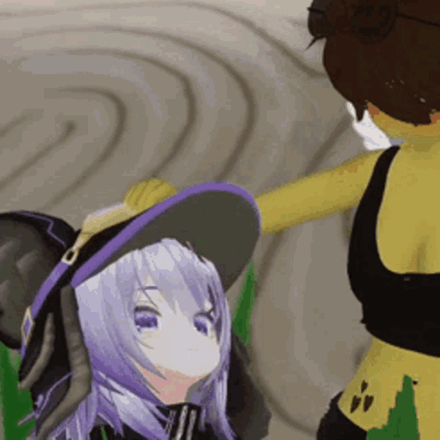 a girl with purple hair and a witch hat is being propped up by another girl