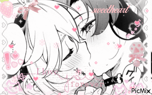 a black and white drawing of a girl kissing a boy with the words sweetheart on top