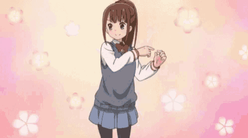 a girl in a school uniform is standing in front of a pink background and giving a thumbs up .