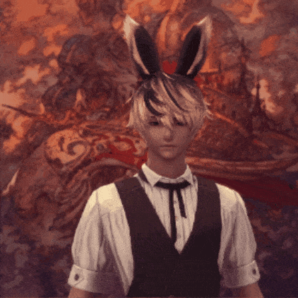 a man wearing bunny ears and a vest stands in front of a painting
