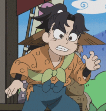 a cartoon character with a ponytail and a hat has a swirl in his eye