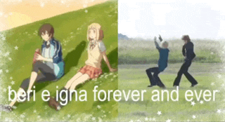 a boy and a girl are sitting on a grassy hill with the words " beri e igna forever and ever "