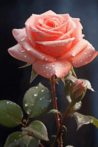a close up of a pink rose with water drops on the petals