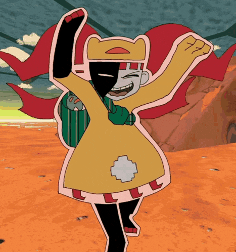 a cartoon character with a crown on his head is dancing in the desert