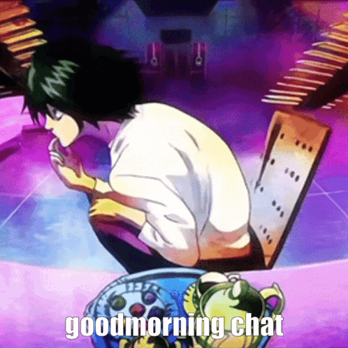 a cartoon character with the words good morning chat written on the bottom
