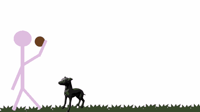 a stick figure is standing in the grass next to a dog and a pumpkin