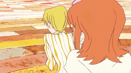 a couple of anime characters standing next to each other on a tiled floor