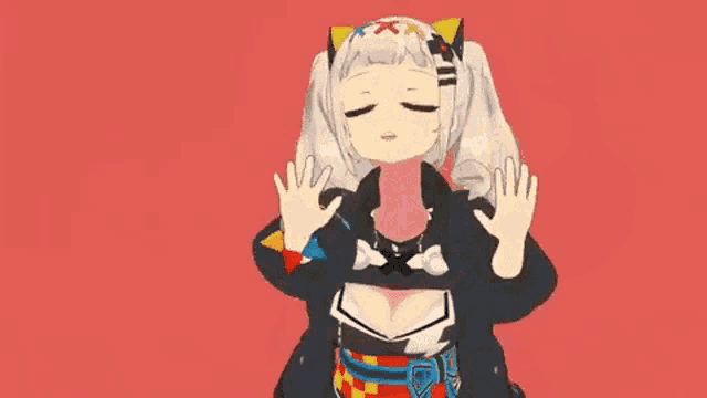 a 3d anime girl is standing on a pink background and making a funny face .