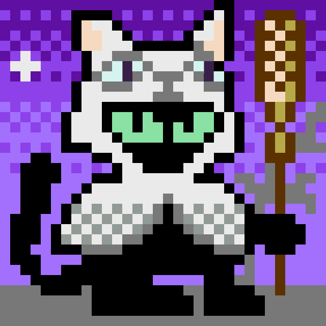 a pixel art of a black and white cat with green eyes holding a wand
