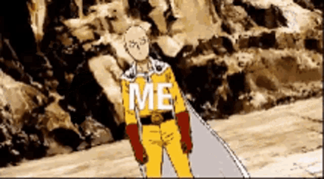 a cartoon of a man in a yellow suit with the word me written on it .