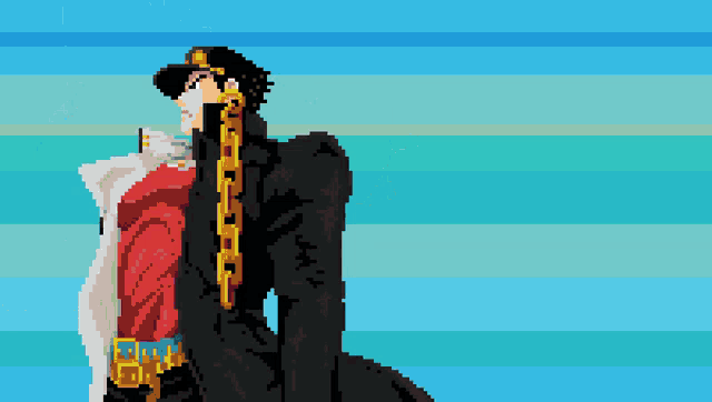 a pixel art of a man wearing a black coat