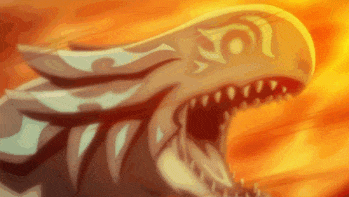 a close up of a dragon 's head with its mouth open in front of a fire .