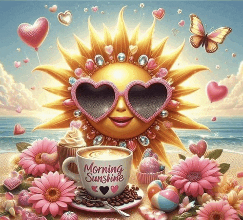 a painting of a sun wearing heart shaped sunglasses with a cup of coffee that says morning sunshine on it
