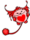 a cartoon drawing of a red monster with a red heart on its chest