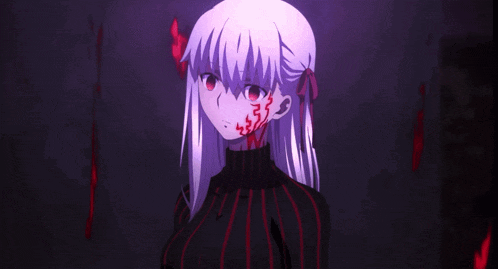 a girl with purple hair and red eyes is wearing a black sweater with red stripes