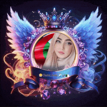 a picture of a woman in a hijab with a crown and wings surrounding her