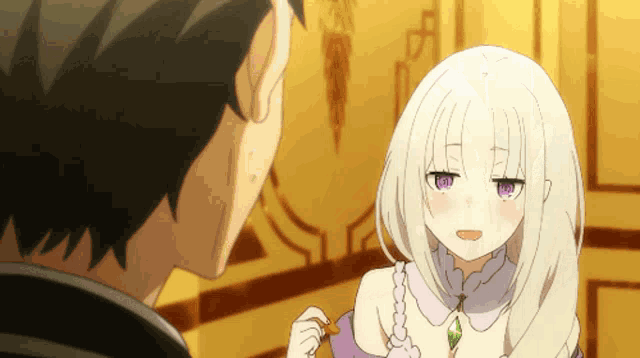 a man and a girl are looking at each other and the girl has purple eyes