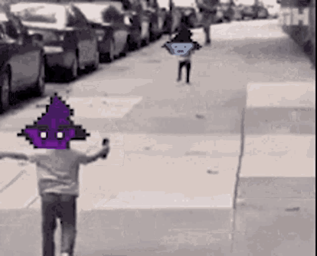 a pixel art of a person walking down a street with a purple hat on their head