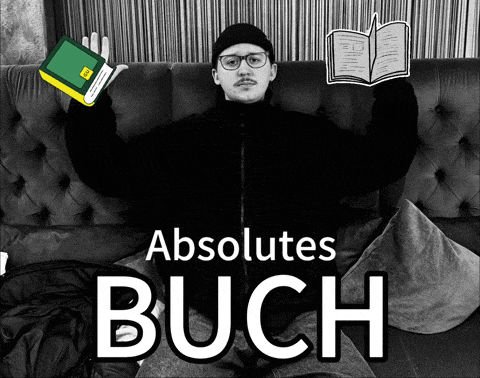 a black and white photo of a man reading a book with the words absolutes buch above him