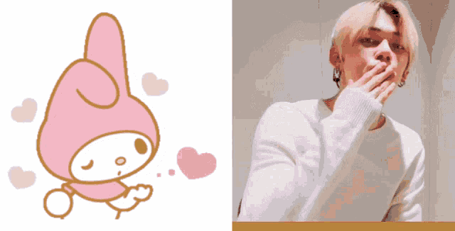 a man with pink hair is covering his mouth in front of a pink bunny