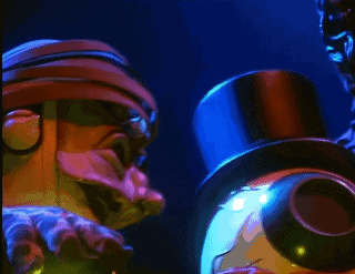 a cartoon character wearing a top hat and sunglasses is standing next to another cartoon character .