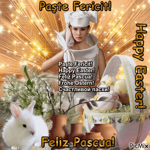 a woman in a white dress is surrounded by easter eggs and a rabbit
