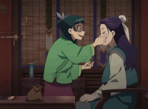 two anime characters standing next to each other with one holding a purple bag