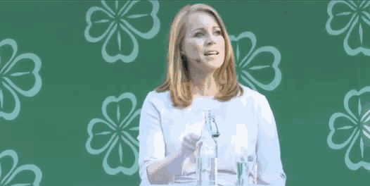 a woman stands in front of a green background with the words det ar allvar nu written below her
