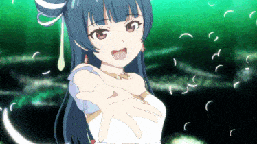 a girl with blue hair and a white dress has her hand out