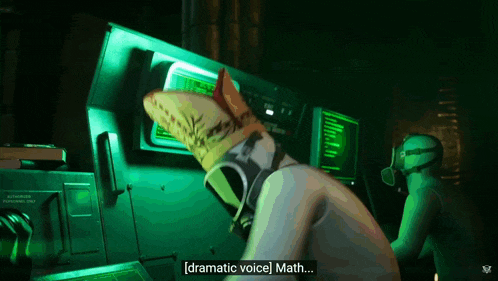 a video game character says dramatic voice math in a green room
