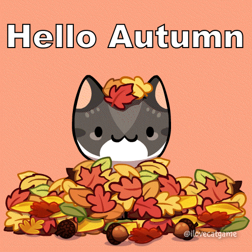 a cartoon cat is sitting in a pile of leaves with the words hello autumn written above it