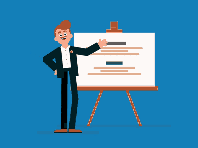 a man in a suit is giving a presentation on a whiteboard