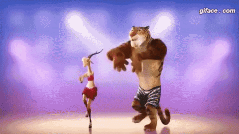 a tiger and gazelle are dancing on a stage .