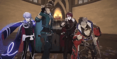 a group of animated characters are standing in a room with the letter l written on the floor