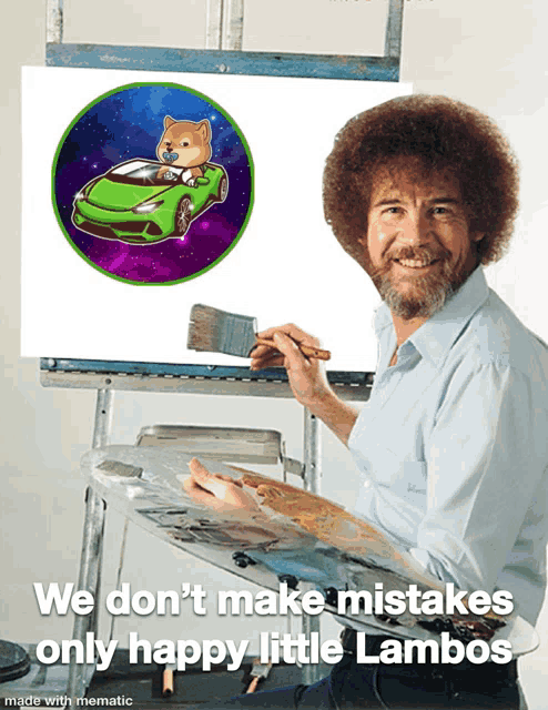 bob ross painting a picture of a doge in a car