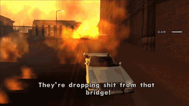 a video game scene with the words they 're dropping shit from that bridge at the top