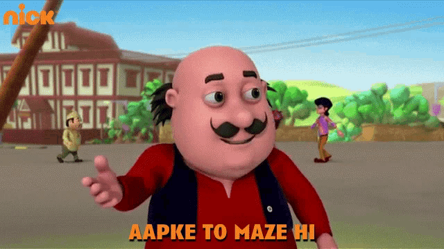 a cartoon character says " aapke to maze hi " in orange letters