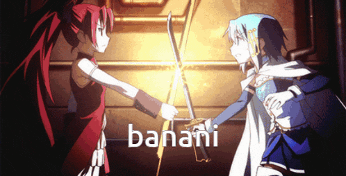 two anime girls fighting with the word banani in the lower right corner