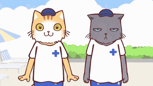 a cartoon of two cats wearing white shirts with a cross on them