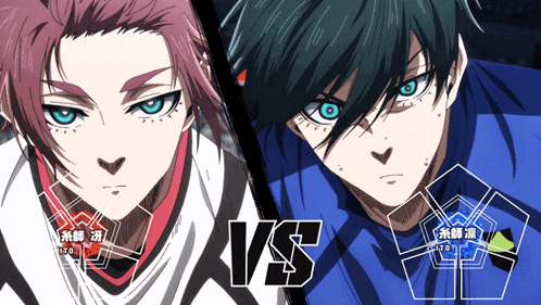 two anime characters are standing next to each other with the words vs written on the bottom