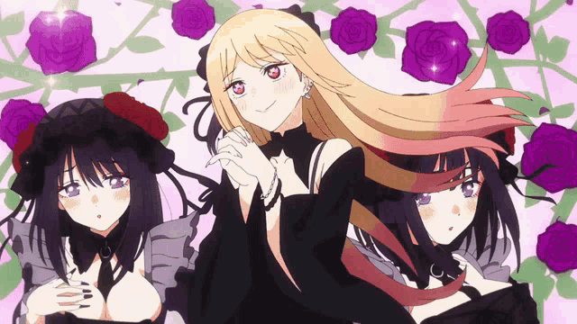 three anime girls are standing next to each other with roses in the background