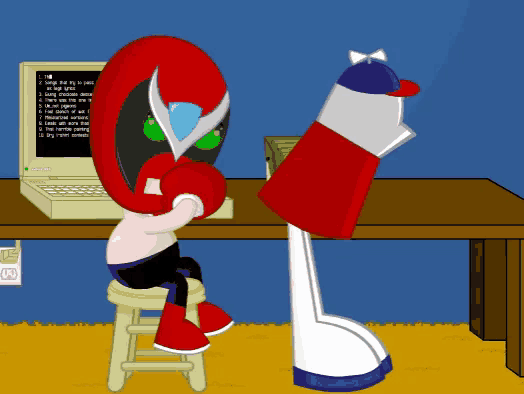a cartoon of a man sitting on a stool looking at a computer